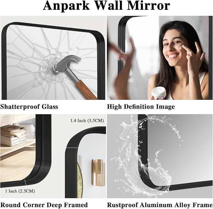 Anpark Wall Mirror 30" x 40" for Bathroom Black Metal Deep Frame Mirror for Wall Decorative Rectangular Round Corner Wall Mounted Vanity Mirror for Bedroom Living Room Entryway Wall Decor