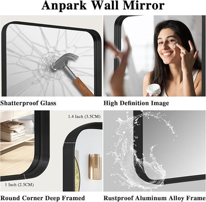 Anpark Wall Mirror 30" x 40" for Bathroom Black Metal Deep Frame Mirror for Wall Decorative Rectangular Round Corner Wall Mounted Vanity Mirror for Bedroom Living Room Entryway Wall Decor