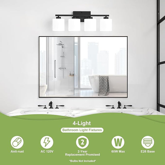 Honesorn 4-Light Vanity Lights, Matte Black with Frosted Shade & Nickel Finish, Modern Bathroom Over Mirror Lighting
