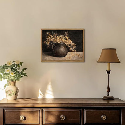 Framed Vintage Floral Wall Art, 3D Textured Sandstone Dark Still Life Flowers Wall Decor Paintings, Rustic Botanical Pictures Prints Aesthetic Home Decor for Living Room Bedroom 12x16 inch