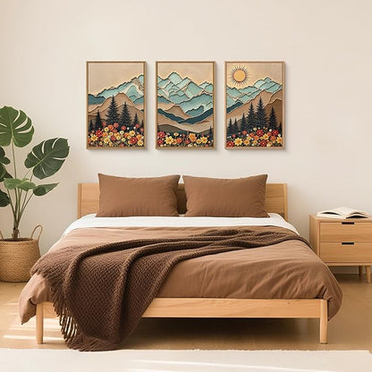 DRACIT Large Boho Wood Grain Mountain Framed Canvas Wall Art Set,Vintage Sunrise Forest Floral Wall Decor,Rustic Natural Wilderness Art Printing for Living Room,Bedroom,Office-24 x36 x3
