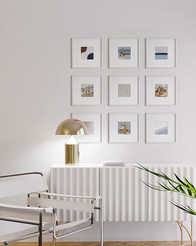 HAUS AND HUES White Oak Wood 10x10 Picture Frames - Set of 9, Square Frames with Mat, Modern White Frames for Photos and Posters (10x10 in, White, Set of 9)