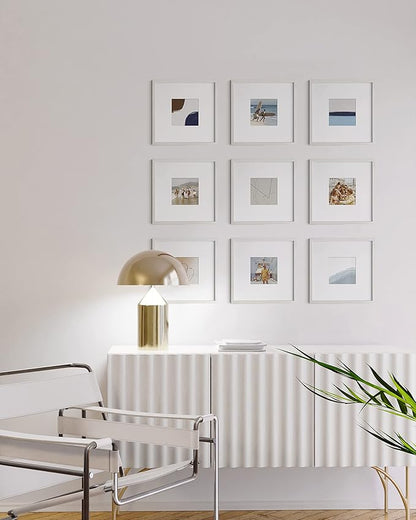 HAUS AND HUES White Oak Wood 10x10 Picture Frames - Set of 9, Square Frames with Mat, Modern White Frames for Photos and Posters (10x10 in, White, Set of 9)