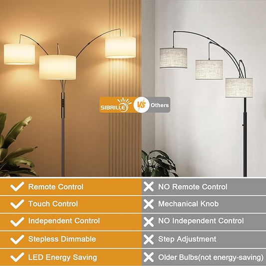 SIBRILLE 36W Dimmable Floor Lamp - 3 Lights Arc Floor Lamps Standing Lamp with Remote & Touch Control, Tall Lamp for Living Room Corner, Bedroom, Office