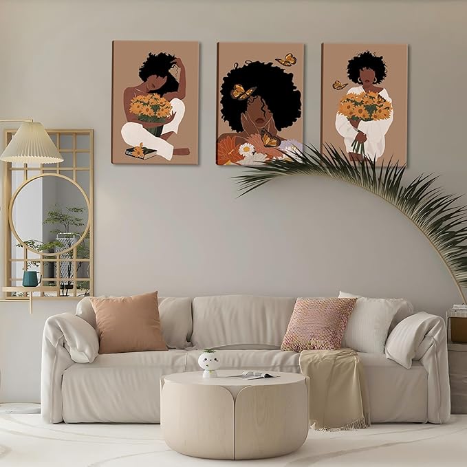 Black Woman Canvas Wall Art Set of 3 - Boho Black Girl Sunflower Posters African American Pictures Fashion Flower Art Prints for Nordic Minimalist Room Bedroom Wall Decor 16”x24”x3 Framed