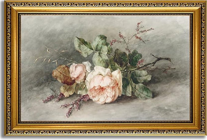 YD&YZY Gold Framed Vintage Wall Art Canvas Still Life Flower Pink Roses Farmhouse Print Art Retro Floral Wall Decor Rustic Cottagecor Painting Picture Print for Dining Room Bedroom 16x24 inch Framed