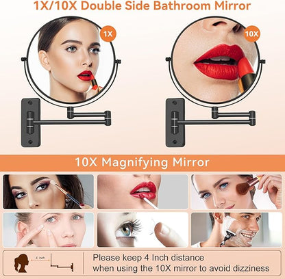 8” Makeup Mirror Wall Mounted, 1X/10X Double-Sided Wall Mount Magnifying Bathroom Mirror with Folding Extendable Arm, 360° Swivel Vanity Shaving Mirror for Bathroom and Makeup, Black (No Light