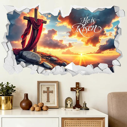 Easter Wall Decoration Stickers He is Risen Wall Art Vinyl Decals Peel and Stick 3D Broken Cross Landscape Stickers Religious Christian Art Murals for Spring Holiday Living Room Kitchen Supplies