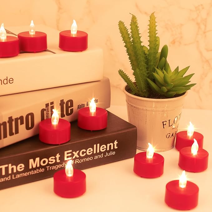 Nancia LED Tea Lights Candles- 50PACK Red Flameless Candles Realistic and Bright Flickering Long Lasting 200Hours for Holiday Celebration,Home Decoration