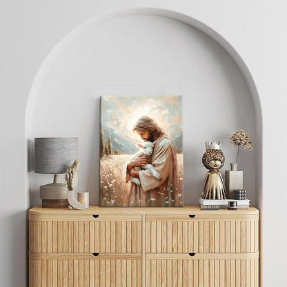 Jesus and Lamb Canvas Wall Art Christian Jesus the Good Shepherd Painting Picture Wall Decor Religion Bible Stories Poster Print Artwork for Church LDS Bedroom Living Room Home Decor 16x24in Canvas