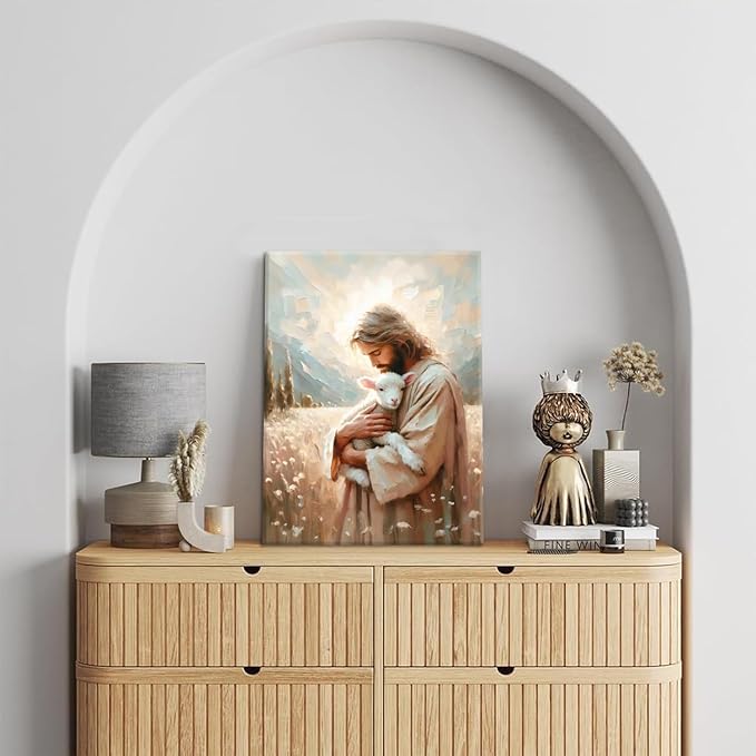 Jesus and Lamb Canvas Wall Art Christian Jesus the Good Shepherd Painting picture Wall Decor religion Bible Stories Poster print Artwork for Church LDS bedroom Living Home Decor 8x10in Canvas