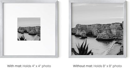 HAUS AND HUES 8x8 Silver Metal Picture Frames Matted to 4x4 - Features Premium Aluminum & Hanging Hardware, Shatterproof Plexiglass - Ideal for Home, Room, Office (8x8 in, Silver, Set of 3)
