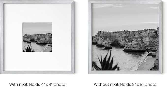 HAUS AND HUES 8x8 Silver Metal Picture Frames Matted to 4x4 - Premium Aluminum with Hanging Hardware, Shatterproof Plexiglass - Ideal for Home or Office (8x8 in, Silver, Set of 9)