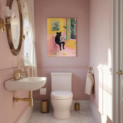 Cyebmo Funny Bathroom Wall Art, Cute Black Cat Sitting on Toilet Reading Newspaper Wall Decor, Whimsical Pink Abstract Animal Wrapped Canvas Artwork for Bathroom Kid's Restroom Bedroom 16x24 Inch