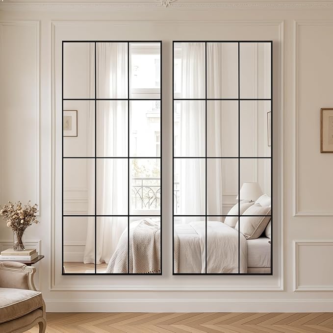 Anpark Windowpane Mirror Full Length 71""x30"" Wall Mounted Art Pane Mirror Farmhouse Decorative Floor Mirror Leaning Hanging Wall Mirror for Bedroom Living Room Entrance, Black