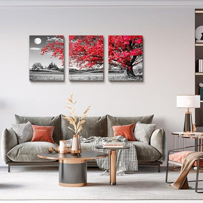 canvas wall art for living room family bedroom Wall Decor Black and white red tree moon landscape painting Ready to Hang for room Decorations Works office Decor Prints pictures 12" x 16"3 Pieces