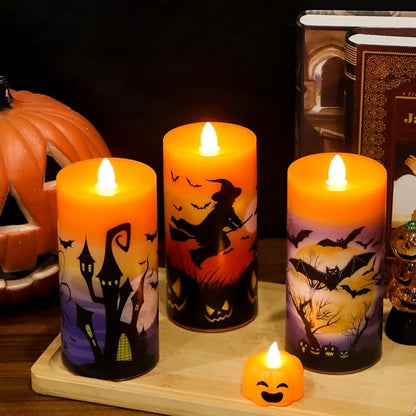 Halloween Flameless LED Candles Battery Operated with Remote and Timer, Real Wax Flickering Pillar Candles Flat Wick Dimmable Light Castle Witch Bats Holiday Decor(3 Pack, 3 x 6 Inches)