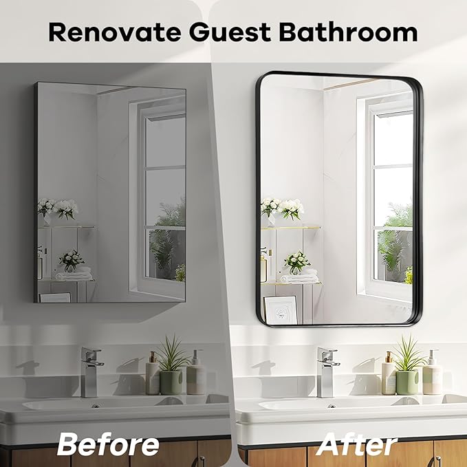 24x30 Inch Black Metal Framed Mirror - Black Bathroom Mirror for Over Sink, Matte Round Corner Rectangle Vanity Mirror for Restroom, Bedroom, Entryway, Hanging Vertically or Horizontally