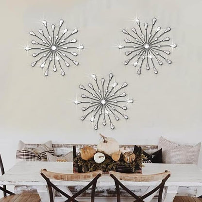 ZEXUIRU 3 Pack Black Sunburst Wall Decor – Metal Crystal Wall Art with Sparkling Rhinestones, 14’’/18 Inch Starburst Wall Hanging Set for Living Room Bedroom Bathroom – Modern Bling Home Decorations