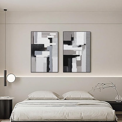 Textured Abstract Wall Art 3D Hand-painted Plaster Neutral Taupe Black White Tones Painting - Distressed Dimensional Minimalist Modern Living Room Bedroom Decor Framed Set of 2-24"x36" Each