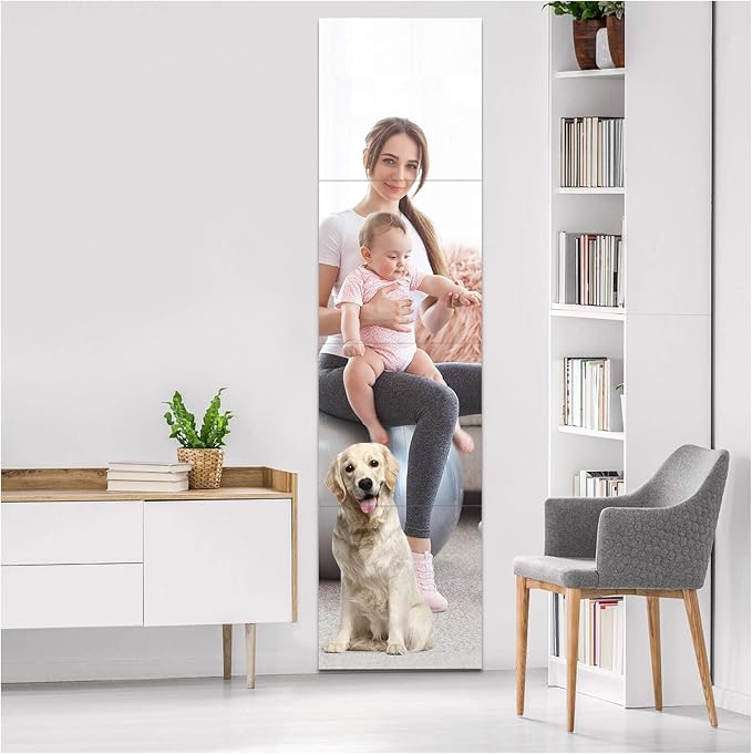 EVENLIVE Full Length Mirror Tiles, 14 Inch x 4 Pieces, Frameless Wall Mirror, Self Adhesive Body Mirror for Gym, Door, Bedroom