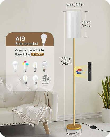 64.2” Dimmable Floor Lamp for Living Room with Remote and Foot Switch, Corner Floor Lamp for Bedroom, Includes 10W A19 Bulb, Modern Standing Tall Lamp, ETL Listed, White and Gold DCW17LD05