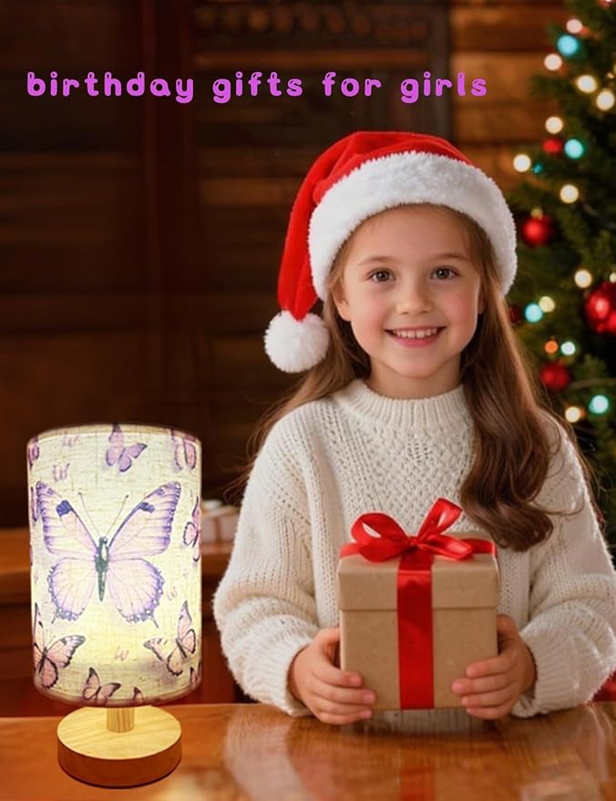 Butterfly Lamp, Kids Lamps for Bedrooms Girls, 3 Color Changing LED Night Light with 9 Brightness Levels Wood Nightstand Desk Base Flaxen Fabric Shade for Bedroom Living Room (Purple Butterfly)