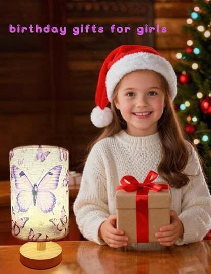 Butterfly Lamp, Kids Lamps for Bedrooms Girls, 3 Color Changing LED Night Light with 9 Brightness Levels Wood Nightstand Desk Base Flaxen Fabric Shade for Bedroom Living Room (Purple Butterfly)