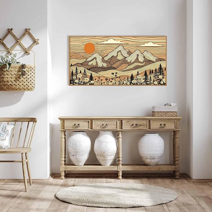 HPNIUB Woodcut Style Mountain Framed Wall Art Set,Abstract Wilderness Forest Wall Decor,Vintage Boho Sunset Art Print,Brown Line Nature Forest Scenery Artwork for Living Room, Bedroom,Office-20 x40