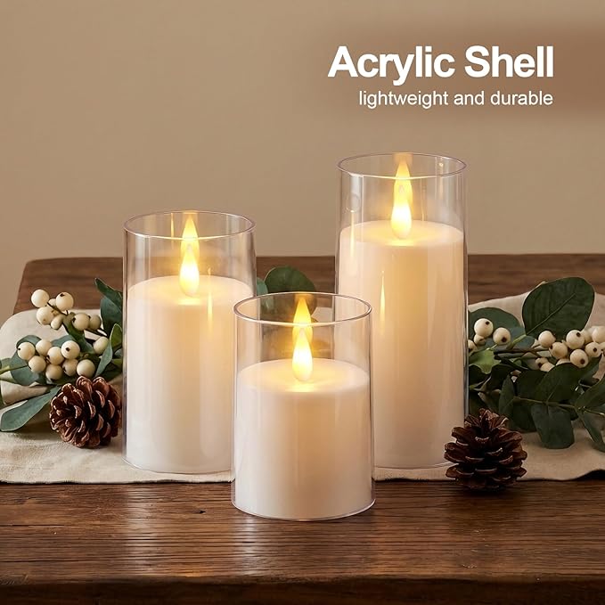 Amagic Led Flameless Candles with Remote and Timer,White Realistic Flickering Battery Operated Acrylic Pillar Fake Candles for Home Wedding Party Decor,Set of 9, D3×H4 4" 4" 5" 5" 5" 6" 6" 6"