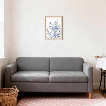 Blue Floral Canvas Wall Art, Blue Line Flower Wall Decor, Blue White Chinoiserie Wildflower Pictures Prints Minimalist Botanical Artwork for Bedroom Living Room Bathroom Kitchen 8x10 in Framed