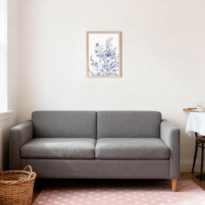 Blue Floral Canvas Wall Art, Blue Line Flower Wall Decor, Blue White Chinoiserie Wildflower Pictures Prints Minimalist Botanical Artwork for Bedroom Living Room Bathroom Kitchen 12x16 in Framed