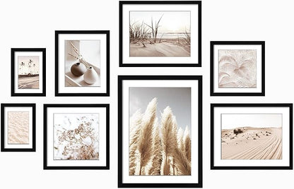 ArtbyHannah Gallery Wall Frame Set, 8 Pack Picture Frames Collage Wall Decor with Neutral Pampas Grass Art for Living Room, Assorted Size Including 11"x14", 8"x10", 5"x7"(Black Frame)