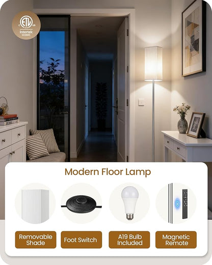 64.2''Dimmable Floor Lamp for Living Room with Remote and Foot Switch, Corner Floor Lamp for Bedroom, Includes 10W A19 Bulb, Modern Standing Tall Lamp, ETL Listed, Silver and White SCW17LD05