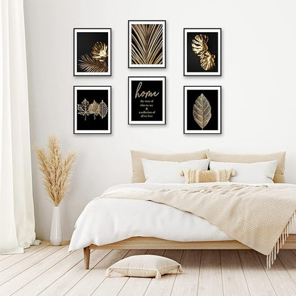 HoozGee Gold Leaf Art Prints Modern Black Gold Botanical Tropical Plant Leaves Art Wall Pictures Canvas Prints Gallery Wall Art Poster Wall Decor Bedroom Room Home Decor (11"x14" UNFRAMED)