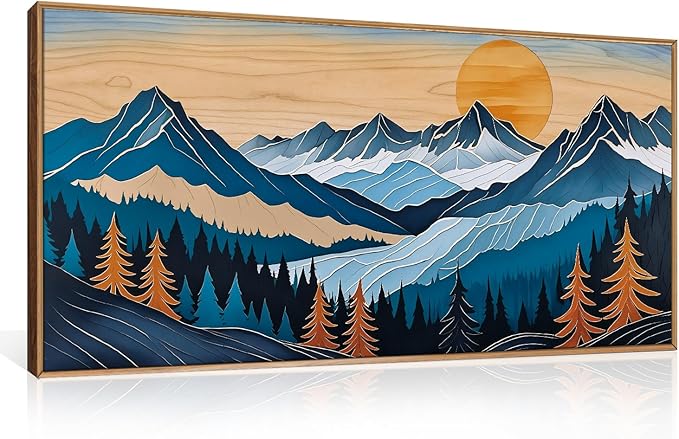Celestdeco Boho Vintage Mountain Framed Canvas Wall Art Set, Blue Abstract Ridge Wall Decor,Woodcut Pine Tree Landscape Wall Painting,Sunrise Forest Art Print for Living Room,Bedroom,Office-20 X40