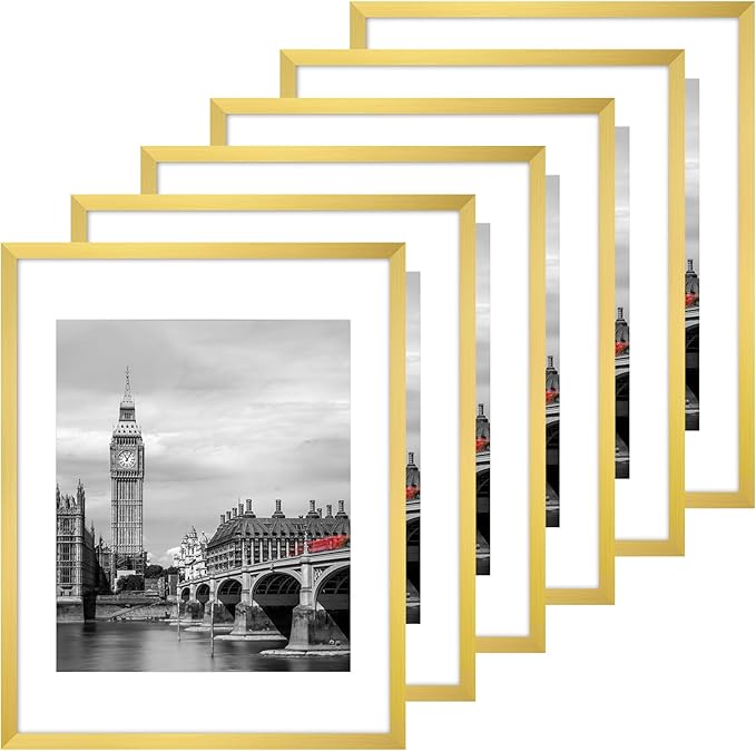 Fixwal 11x14 Picture Frame Set of 6 with Shatter Resistant Plastic Glass, Thin Border and Light Weight Photo Frames for Wall, Gift for Mother's Day, Father's Day, Graduation, Gold
