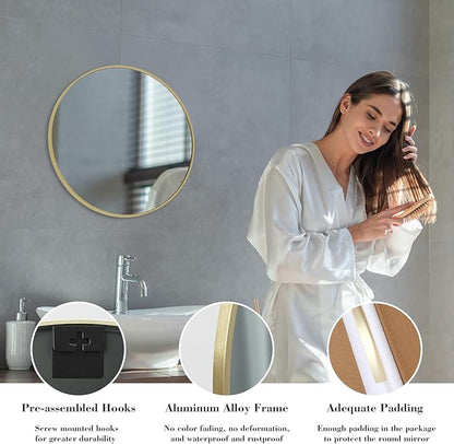 NEWBULIG Round Bathroom Mirror for Over Sink, 20 Inch Wall Mount Vanity Circle Mirror with Matte Metal Framed, Decor for Bathroom, Entryway, Bedroom, Gold