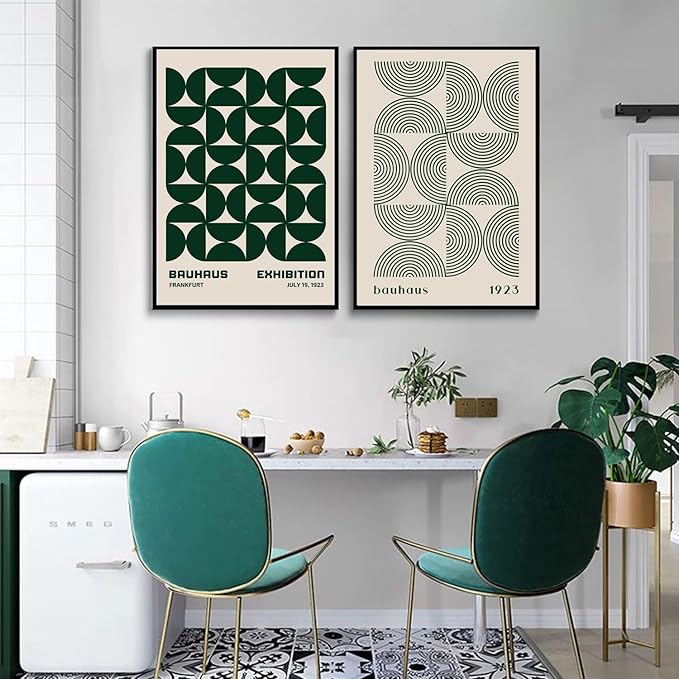 2Pcs Bauhaus Mid Century Modern Wall Art Retro Exhibition Posters Prints Green Boho Geometric Abstract Minimalist Wall Decor Pictures for Bedroom iving Room Dining Room UNFRAMED (Green, 16x24in)