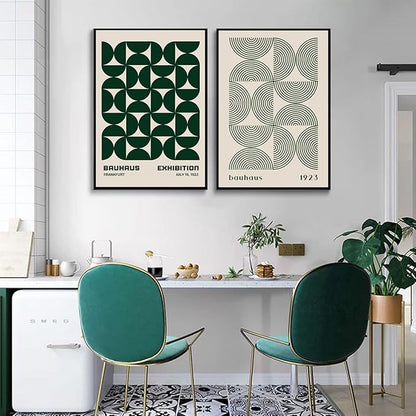 2Pcs Bauhaus Mid Century Modern Wall Art Retro Exhibition Posters Prints Green Boho Geometric Abstract Minimalist Wall Decor Pictures for Bedroom iving Room Dining Room UNFRAMED (Green, 16x24in)