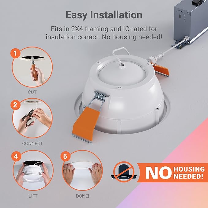HALO 6 in Smart Wi-Fi Canless LED Recessed Downlight Connected by WiZ Pro with Adjustable Gimbal, Dimmable Full Color Changing, SpaceSense Motion Detection, Smart Home Compatible - RAWZC610