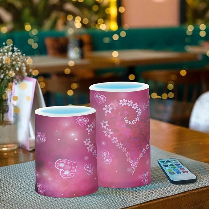 ALAZA Valentines Day Hot Pink Heart Flickering Flameless Candles Battery Operated with Remote Timer,Tea Light Candles LED Pillar Votive Candles Set of 2 for Outdoor Indoor Decorations