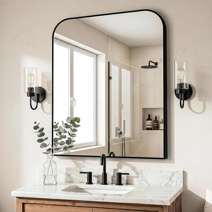 Bathroom Vanity Mirror for Wall, 36" x 30" Black Metal Framed Bathroom Mirror for Over Sink, Living Room, Bedroom, Entryway, Mantel, Fireplace Decor
