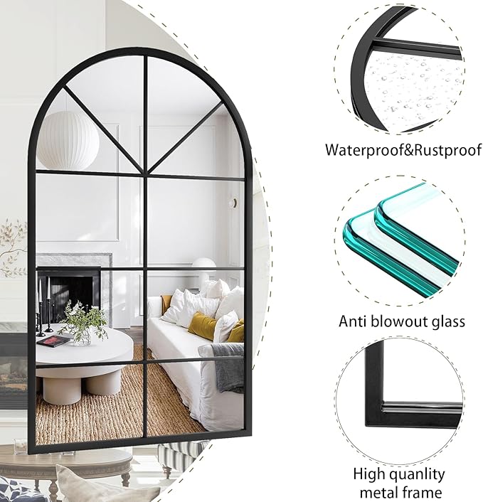 Rowjut Arched Wall Mirror Wall Decorative/Iron Framed Window Pane Mirrors,42" x 24" Window Mirror, Arched Top Wall Mirror for Entryway Living Room, Bedroom, Fireplace .(Deep Black)