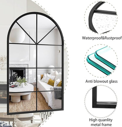 Rowjut Arched Wall Mirror Wall Decorative/Iron Framed Window Pane Mirrors,42" x 24" Window Mirror, Arched Top Wall Mirror for Entryway Living Room, Bedroom, Fireplace .(Deep Black)