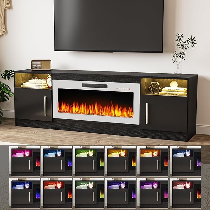 TAVATA 70" Fireplace TV Stand, Modern LED Light Entertainment Center with Storage and 36" Fireplace, Media TV Console for TVs Up to 80", Fire Place TV Stands for Living Room, Black+White