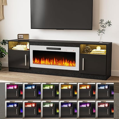 TAVATA 70" Fireplace TV Stand, Modern LED Light Entertainment Center with Storage and 36" Fireplace, Media TV Console for TVs Up to 80", Fire Place TV Stands for Living Room, Black+White