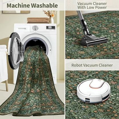 Rugxara 5x7 Area Rugs for Living Room Bedroom, Large Washable Rug, Green Vintage Floral Boho Rug, Non Slip & Low Pile Faux Wool Thin Carpet for Indoor Dining Room and Kids Room(Green 5x7ft)