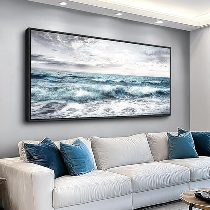 QIYILEXWART Black Framed Large Wall Decor For Living Room Canvas Wall Art For Office Wall Decoration For Bedroom Ocean Waves Painting Modern Picture Artwork Home Decor Ready To Hang