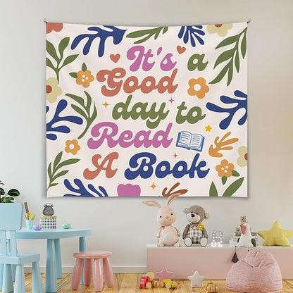Soft Flannel Wall Tapestry - It's A Good Day to Read A Book - Boho Floral Tapestry Wall Hanging Decor for Bedroom,Living Room,Cozy Aesthetic Home Decoration,Unique Gift For Women 59x51Inch(Colorful-good day)